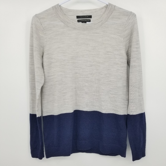 Tahari Sweaters - Tahari 100% Extrafine Merino Wool Grey and Blue Sweater Size Small